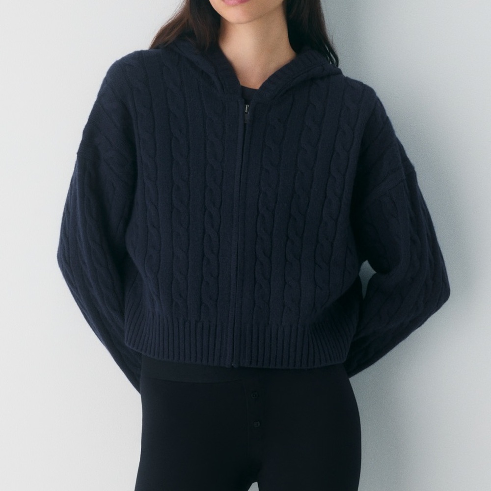 Aritzia Navy Cable-Knit Hooded Zip Cardigan